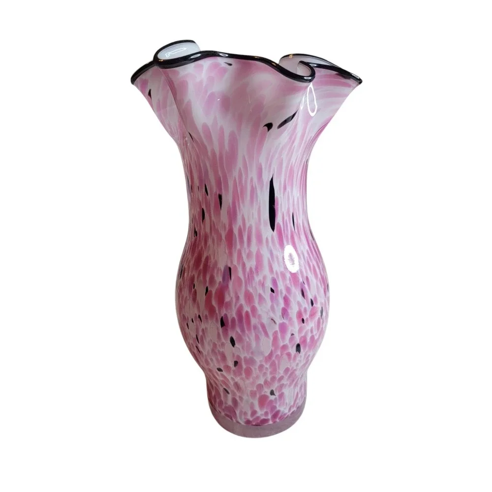 Hand Blown Art Glass Vase Pink Speckled Black White Ruffled Floral Studio Decor